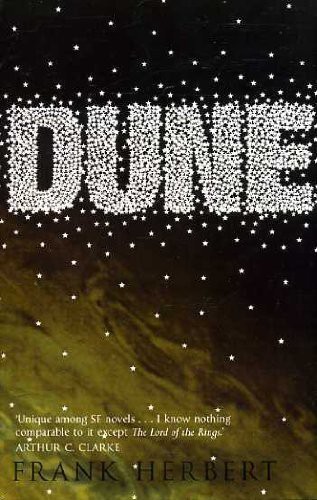 Cover of Dune by Frank Herbert, featuring a stylized desert landscape and a giant sandworm silhouette.