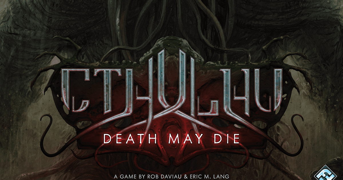 Box art for Cthulhu: Death May Die, a cooperative miniatures game where investigators fight Lovecraftian elder gods.