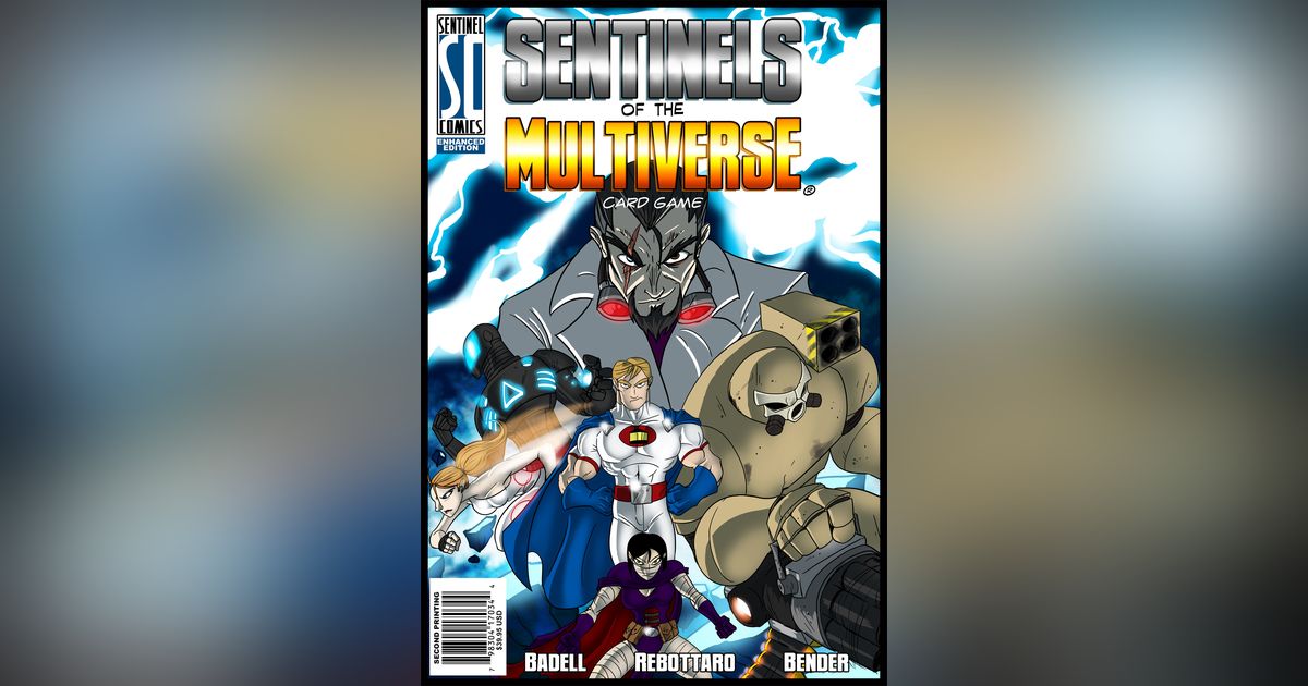 Box art for Sentinels of the Multiverse, a cooperative superhero card game, showing a team of original comic-style heroes.